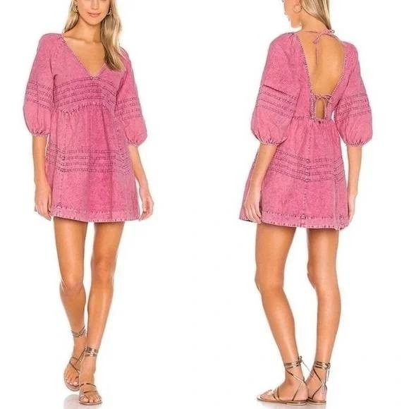 Free People Dresses & Skirts - Free People Sweet Surrender Denim Mini Dress Women's S Pink Stonewash